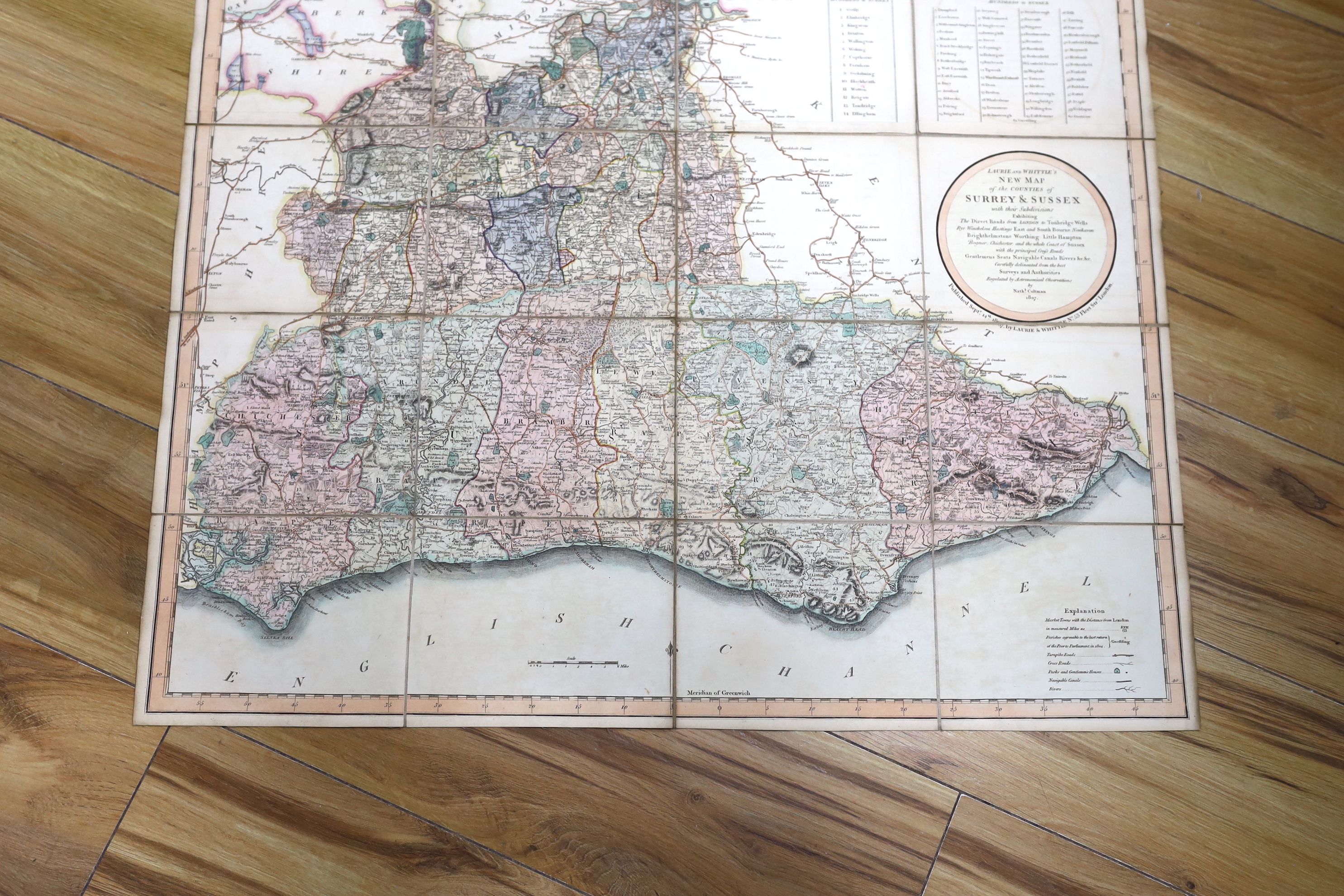 Surrey and Sussex map, by Nathaniel Coltman, pub. Laurie and Whittle, dated 1807, folding map in slip case, 57 x 71cm